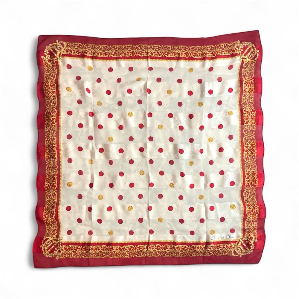 VTG Christian Dior Silk Chiffon Scarf Red White Gold Polka Dot Filigree 32x32